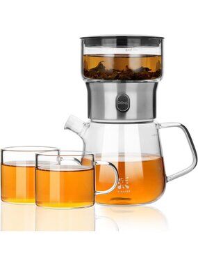 Modern Glass Tea Infuser Pot Set with 2 Cups - One Touch Loose Leaf Brewer
